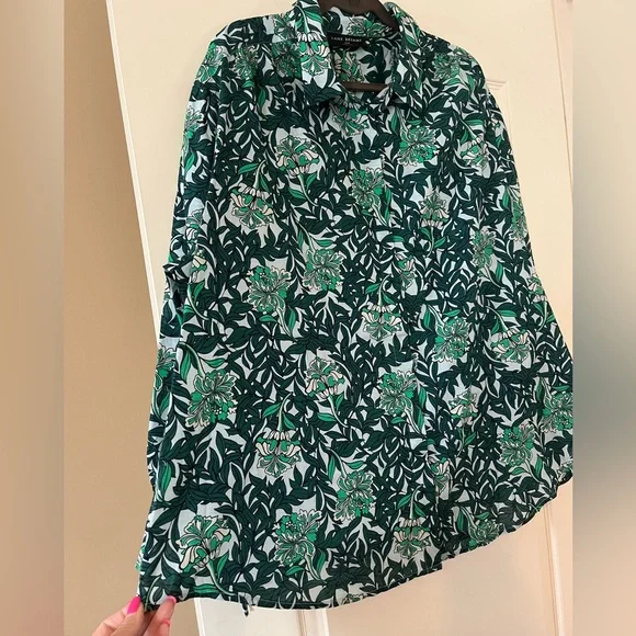 Lane Bryant Green & White Button Down Cotton Blouse with Tie Sleeves 26/28 - Picture 6 of 16